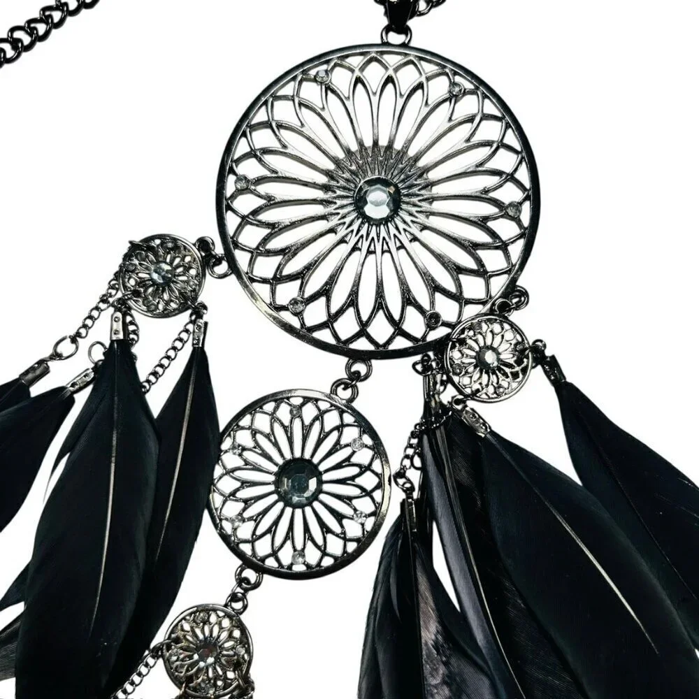 Southwest Western Necklace Medallion Feather Rhinestone Boho